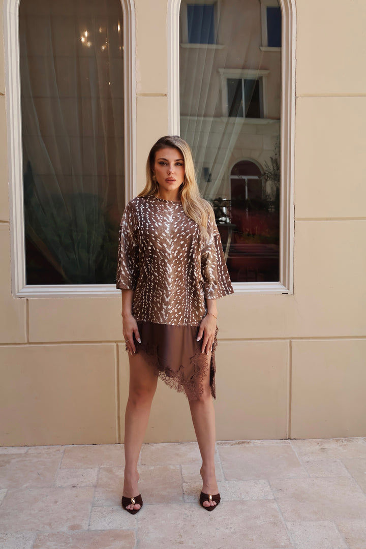 Rey Satin + Lace Trim T-Shirt Dress - Leopard
