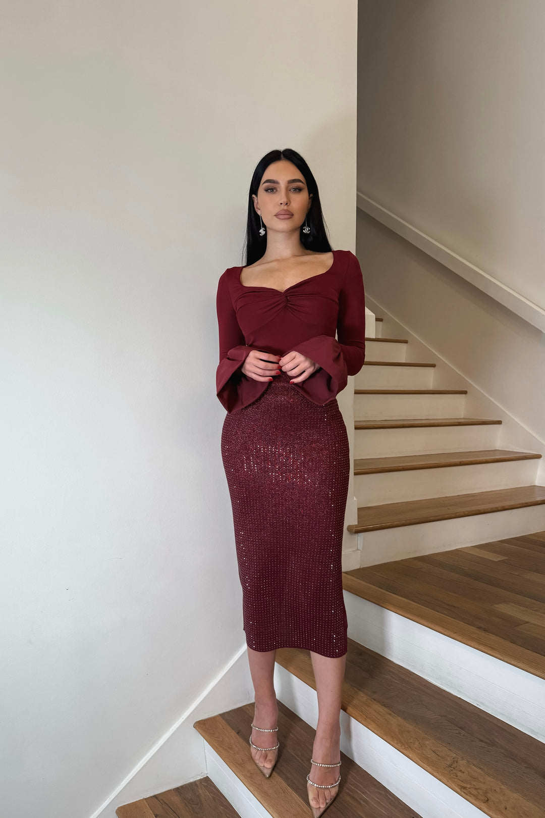 Aziel Rhinestone Pencil Skirt - Burgundy