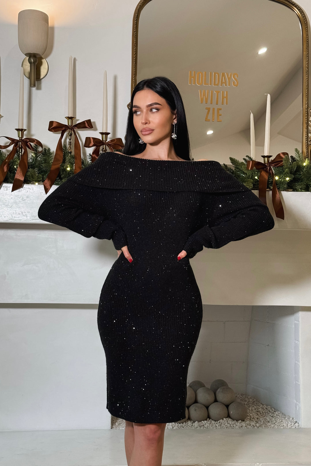 Zamir Knit Off Shoulder Sequin Dress