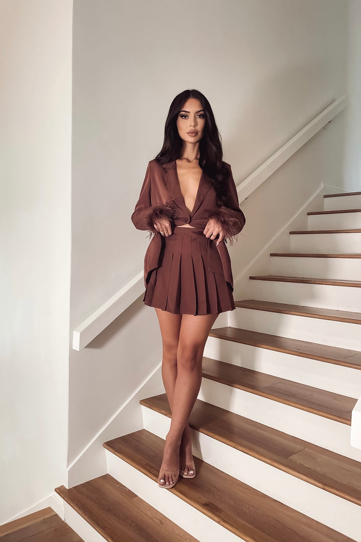 Josephine Feather Trim Blazer + Skirt Set - Burgundy