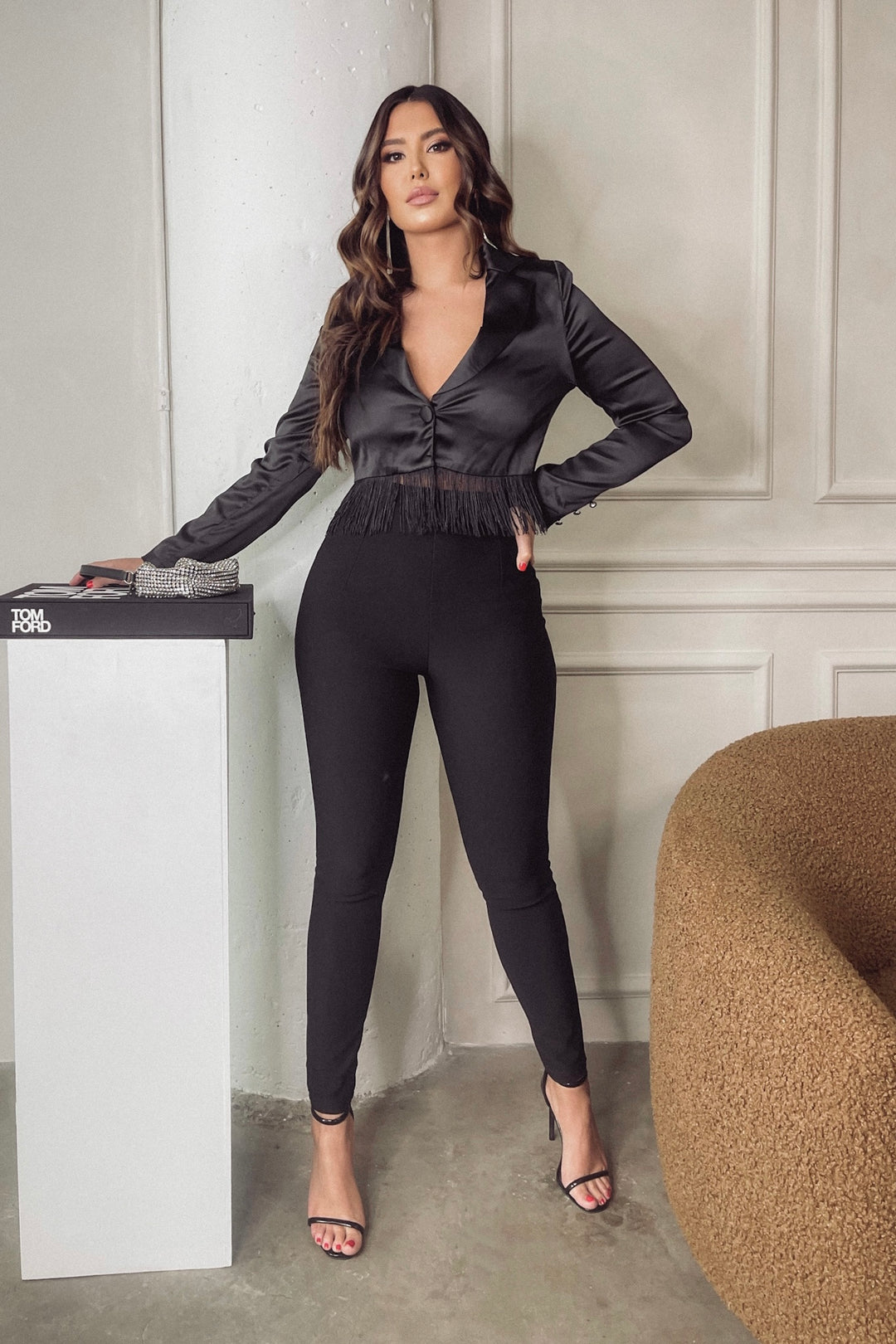 Jillian Satin + Fringe Crop Blazer