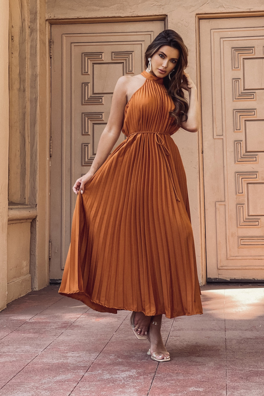Megan Pleated Dress - Rust